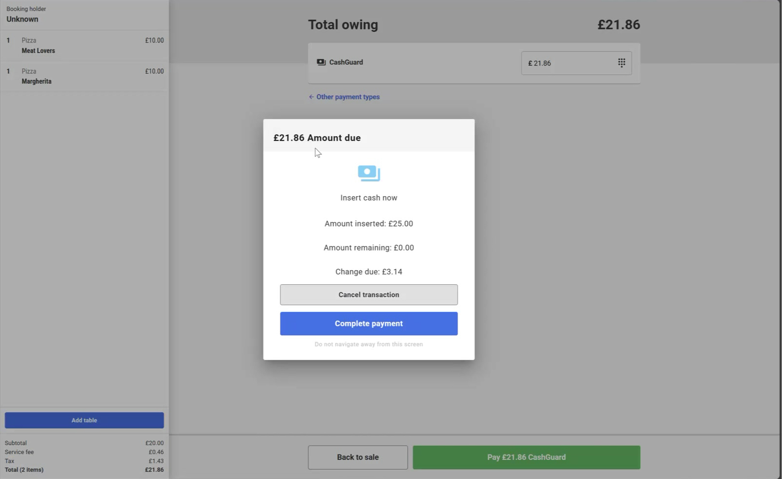Payment screen showing total due, cash inserted, and change due for transaction.